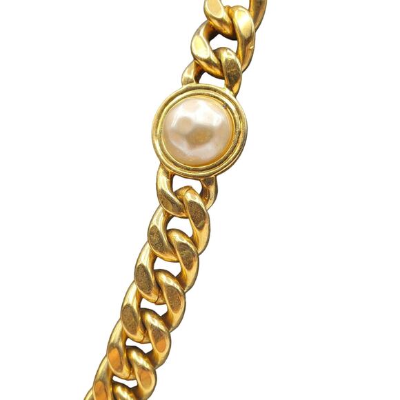 Carolee Gold Tone Curb Thick Chain Chunky Necklace Faux Pearl Onyx Vintage 80s - Picture 7 of 11